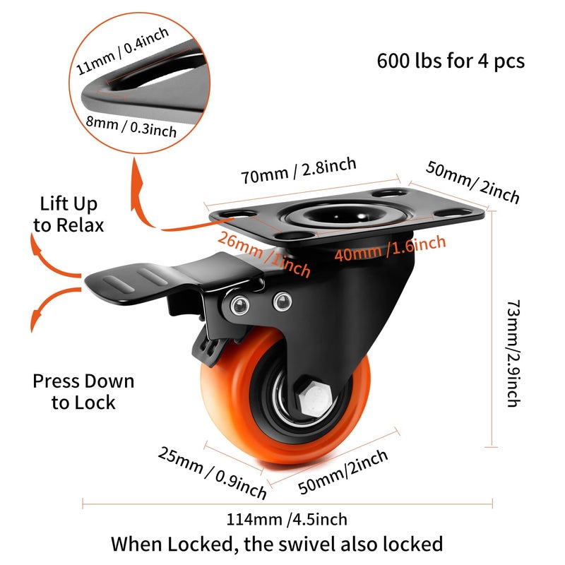 TAYLOON Caster Wheels- 2 Inch Casters Set of 4 Heavy Duty, Locking Industrial Casters with No Noise Polyurethane Wheels, Swivel Plate Casters for Furniture and Workbench - Set of 4 (Free Screws)… - Image 2